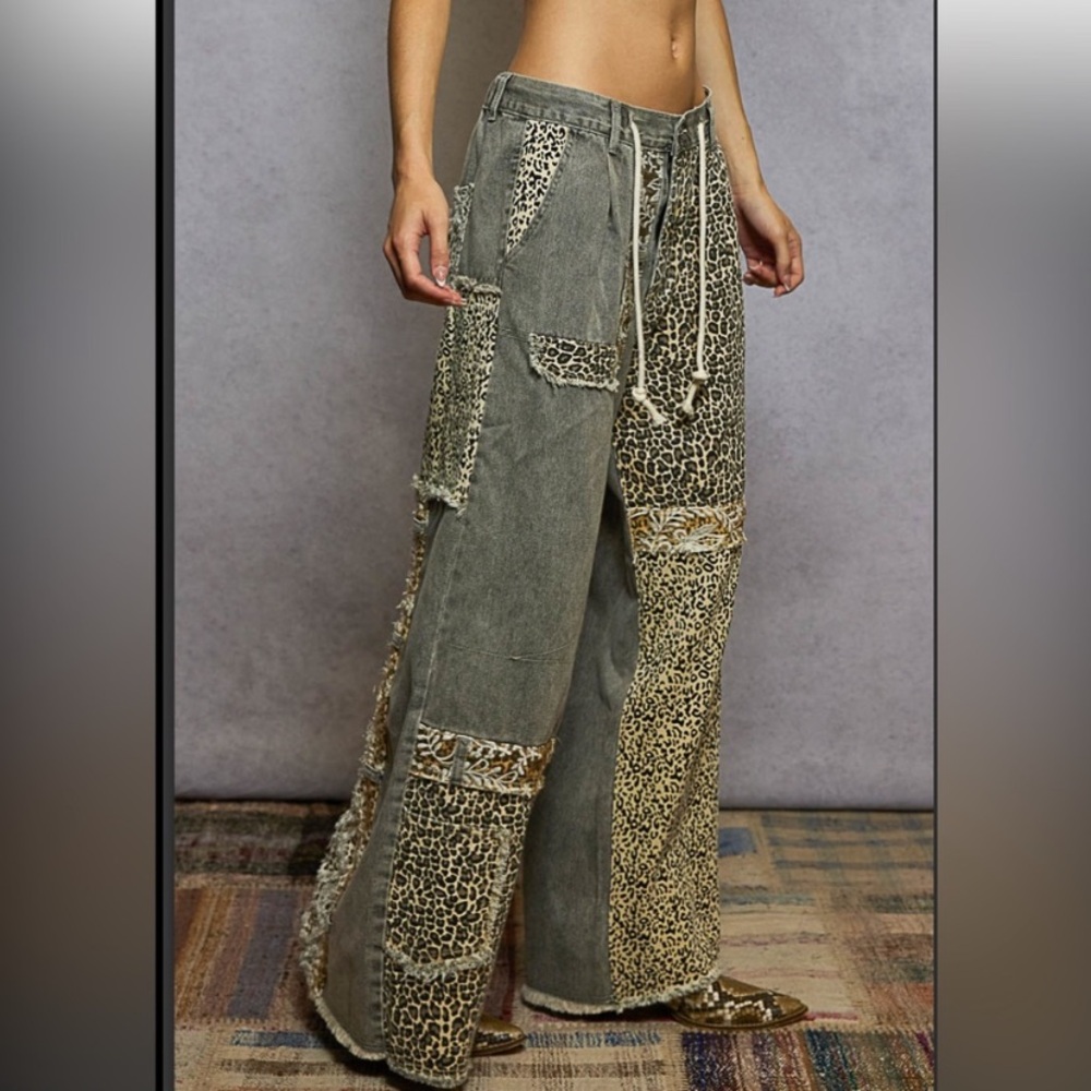 POL Leopard Patchwork Pants - Gray, Brown and Bla… - image 3
